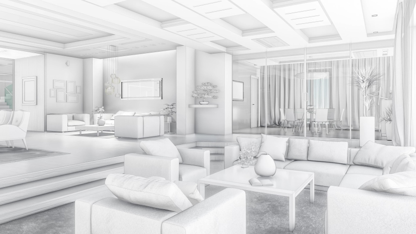 3d illustration of a black and white interior painted as a mockup. Smooth movement inside the room of a private house