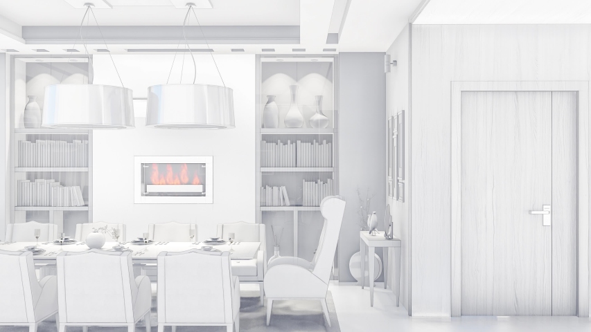3d illustration of a black and white interior painted as a mockup. Smooth movement inside the room of a private house