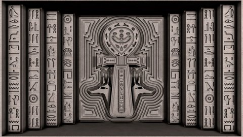 Egyptian Ankh with Scarab, Anubis and hieroglyphs wall. 3D animation. Perfect 4K video for TV show, stage design, documentary film or any Ancient Egypt related projects.