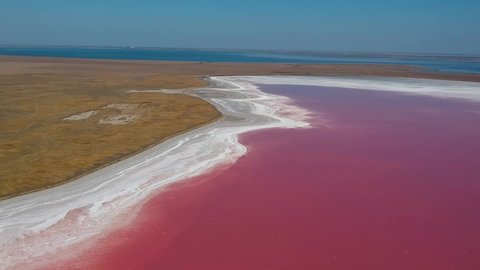 Pink salt lake aerial view