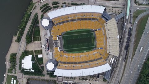 PITTSBURGH, PENNSYLVANIA - SEPTEMBER 28, 2019: Aerial View of Football Stadium in Pittsburgh, Pennsylvania. Stadium view from the Sky