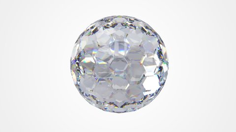 Abstract 3D diamond geometry ball with realistic reflection light. Crystal diamond sphere rotating on silver background. 4k render animation footage.