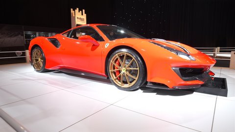 BRUSSELS, BELGIUM - JANUARY 8, 2020: Ferrari 488 Pista sports car on display at Brussels, Expo. The Pista is the more powerful Ferrari 488 influenced by the 488 GTE and 488 Challenge race cars.