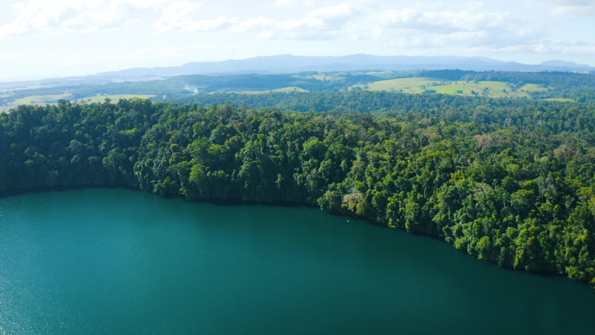 Aerial, beautiful view on Lake Eacham in tablelands in Queensland, Australia