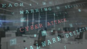 Animation of data processing with cyber attack warning with out of focus modern office in the background. Global business and finance concept.  - Powered by Shutterstock - Get 15% off with code: PIKWIZARD15