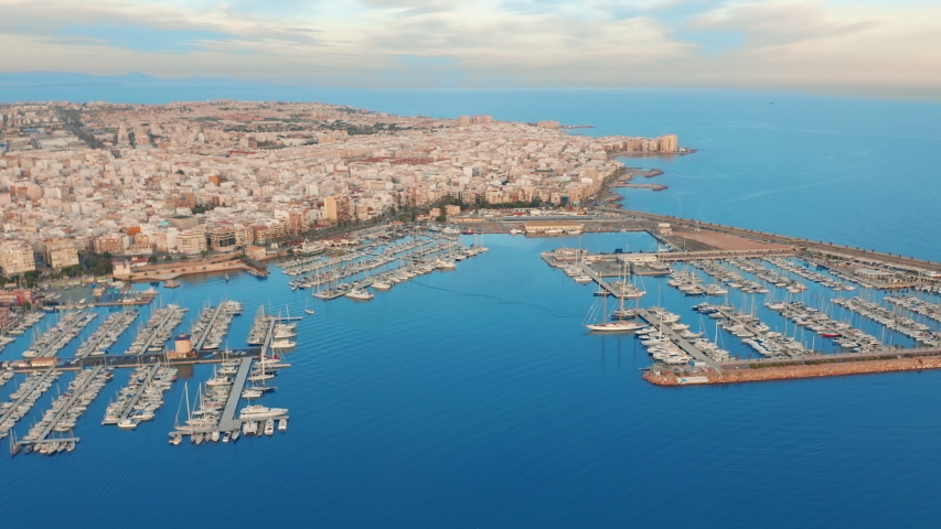 Aerial view of the marina with yachts in Torrevieja.