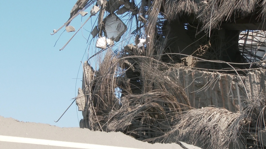 The bridge destroyed after the explosion. Exploded motorway. Act of terrorism. Earthquake. 4k