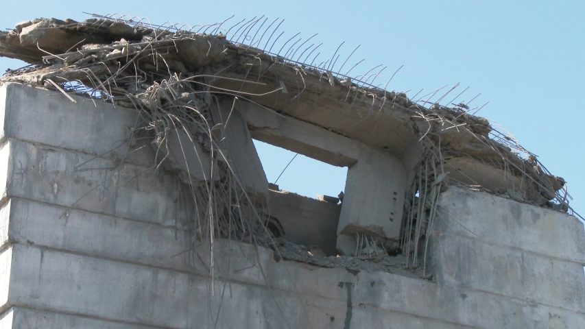 The bridge destroyed after the explosion. Exploded motorway. Act of terrorism. Earthquake. 4k