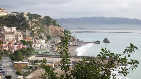 view of Vietri sul Mare with the background of the city of Salerno. Amalfi Coast, Campania, Italy