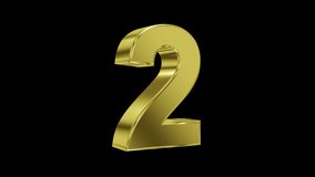 Number 2 on transparent background in gold, with looping animation, 3d render, prores 4444