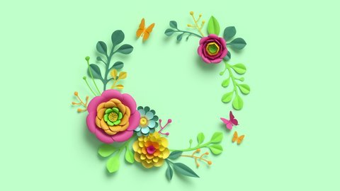 Festive floral wreath animation. Blank botanical round frame. Colorful paper flowers and green leaves growing, appearing on pastel mint background. Decorative floral arrangement, diy craft project