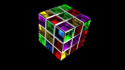 the 3x3 Rubik's Cube being solved over a black background with alpha channel. Rubik's Cube invented by Hungarian architect Erno Rubik in 1974. 4K video. 3D rendering. 