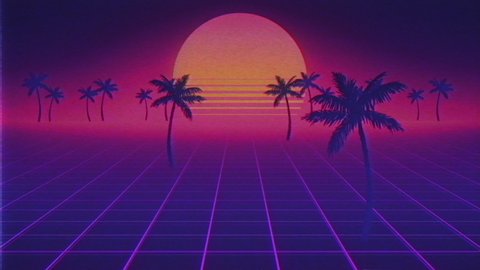 Camera moves along the synthwave wireframe net. Palm trees appearing. Sun on beach. 80s style, Retro Futurism Background. VHS intro. 3D Render. Retro wave horizon landscape, neon lights. Seamless loop