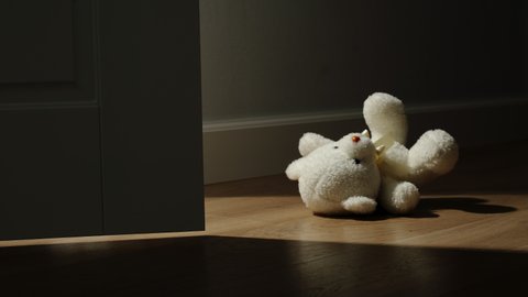CLOSE UP: Small Plush Bear Toy Is Thrown On The Floor At Home