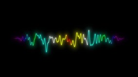 Colorful glowing neon waveform pulsing amplitude light on isolated black background. Rainbow audio and sound wave. Digital radio musical frequency diagram. 4K VFX motion footage video. Seamless loop