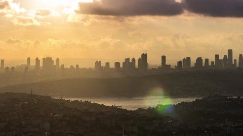 Istanbul Bosphorus and Skyscrapers. Sunset Timelapse. 4K Footage in Turkey