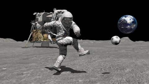 Astronaut on the moon playing football. Elements of this video furnished by NASA.