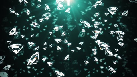 Abstract background with slowly falling gem crystals or diamonds. Brilliants are falling on azure background and shining of all edges in sunhine rays. Animated 3d rendering seamless loop 4K video.