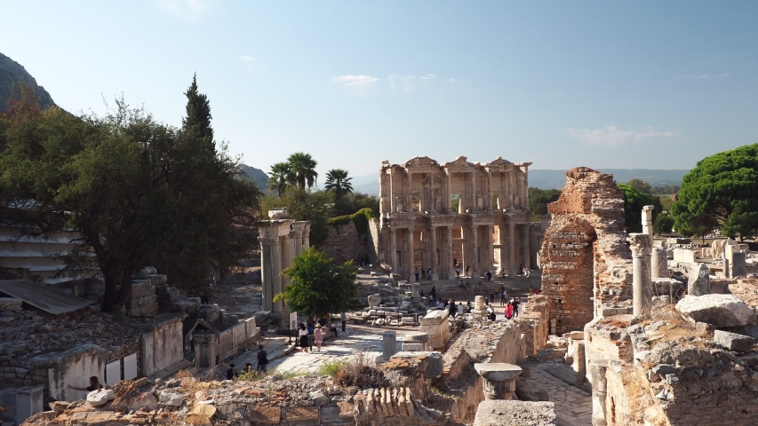 Tourists visiting the ruins of ancient  city of Ephesus, Izmir Province, Turkey.