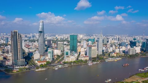 Aerial hyper lapse at District 1 in Ho Chi Minh City in the morning