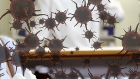 Animation of purple macro corona virus spreading and floating with a sick Caucasian woman in pharmacy, coughing and sneezing using tissues in the background. Global health warning scare spreading - Powered by Shutterstock - Get 15% off with code: PIKWIZARD15