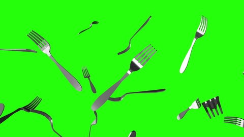 3d rain of silver forks falling on green screen background. Cutlery flying on chroma key. Close up view. Utensils food concept. 4k animation.