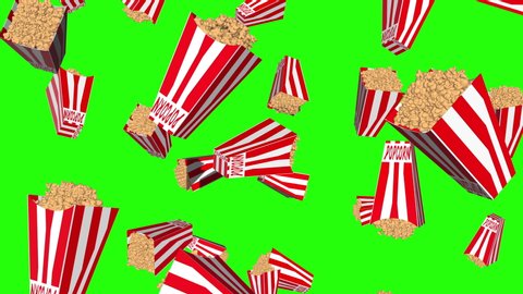 3d rain of popcorn striped boxes falling on green screen background. Pop corn flakes flying on chroma key. Close up view.  Cinema food concept. 4k animation 