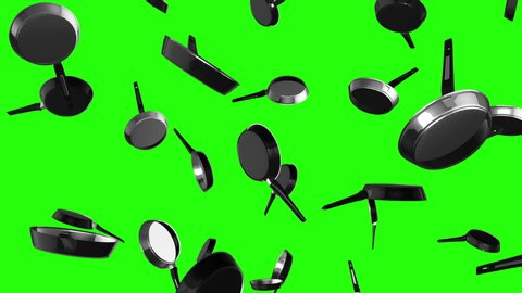 3d rain of pans falling on green screen background. Metal Frying pan flying on chroma key. Close up view. Cookware concept. 4k animation