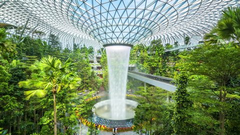 SINGAPORE-JANUARY 30,2020:Time lapse of Jewel Changi airport,Waterfall at Shopping mall Jewel in Changi Airport,Singapore.