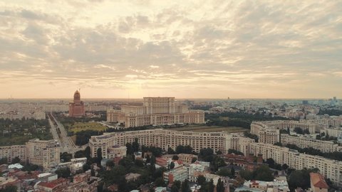 Footage of Palace of Parliament - Bucharest, Romania. Aerial shot , drone flying over city, evening shot colorized. Apple Prores