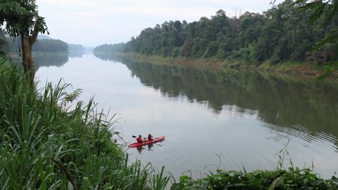 Kochi, India - 20th November 2019: A landscape editorial view of a kayak on the Periyar River in river in Kerala, Southern India