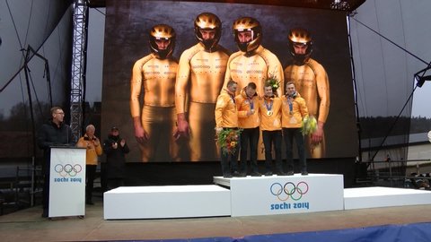 Sigulda/Latvia - 15.02.2020:Latvian bobsleigh players receive the Sochi Olympic medals