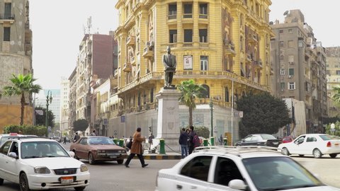 CAIRO, EGYPT - CIRCA 2020: Car traffic at Talaat Harb Square, an important square in Cairo city center
