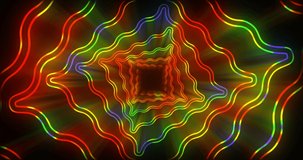 Vj futuristic neon tunnel in wavy rectangle form. Popular multicolor bright neon pattern . 4k endless vj motion