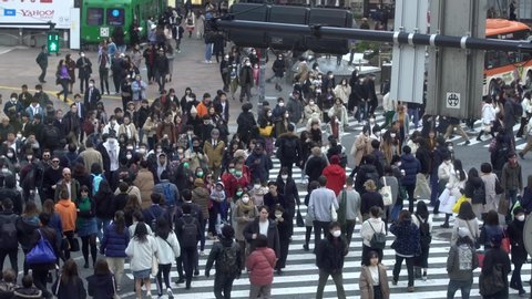 Tokyo, Japan-04 February, 2020: 4K, Timelapse Different Angles Clips of top view over a crowd pedestrian crossing in Shibuya. Aerial of asian people walking in busiest road intersection street. -Dan