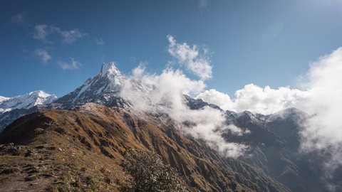 Time lapse of Machapuchare peak view from Upper view point of Mardi Himal, Pokhara, Nepal, Asia