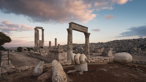 Time lapse of Amman Citadel, Roman ruin and ancient at sunset in Amman capital of Jordan, Arab, Middle east of Asia