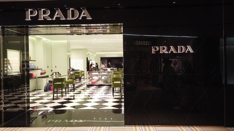 TOKYO, JAPAN - MAY 11 : Exterior view of Prada luxury store. Prada is an Italian luxury fashion house founded in 1913 in Milan at Narita International Airport in Tokyo on May 11 , 2019 in Tokyo, Japan