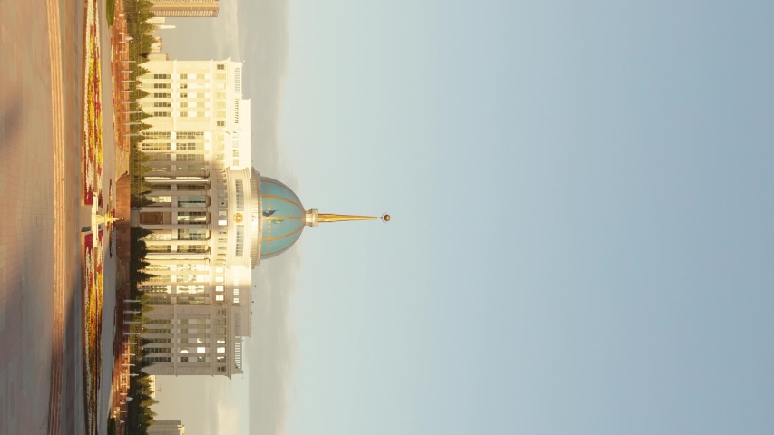 Vertical video. Akorda Presidential Palace at sunset. Astana, Kazakhstan. TimeLapse, Nur-Sultan