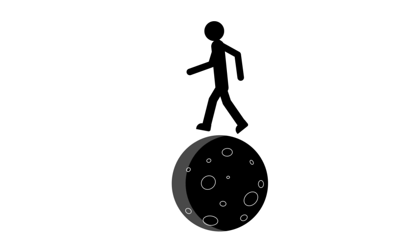 Man walks on the planet. Silhouette, animation with alpha channel enabled. Cartoon