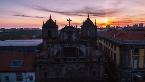 Amazing Sunset Aerial Bird Eye View Shot of Porto, City Skyline, Oporto, Monastery of Saint Bento, Portugal