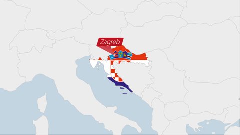 Croatia map highlighted in Croatia flag colors and pin of country capital Zagreb, map with neighboring European countries. 