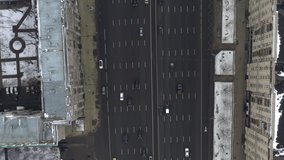 Top view drone shot of busy traffic in Moscow city at winter day.