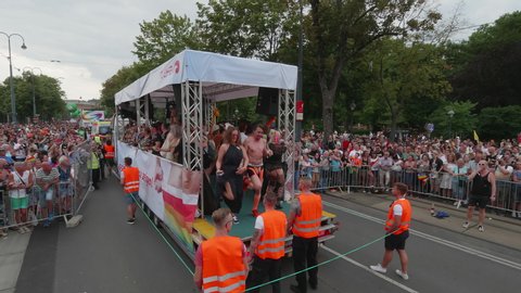 VIENNA AUSTRIA June 16 2018 – LBGT rainbow parade, gay pride parade, Regenbogenparade at the Ringstrasse Wien, party truck passing by, close up people dancing and cheering to the music, with sound