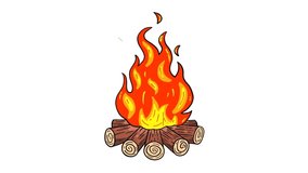 Cartoon fire animation, hand drawing 2d bonfire animation on white background