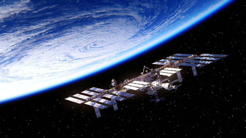 International Space Station Rotates Solar Panels In Outer Space. 3D Animation. 4K. 3840x2160. Royalty-Free Stock Footage #1046649742