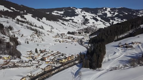 Aerial view of Saalbach-Hinterglemm ski resort, in Salzburg land, Austria