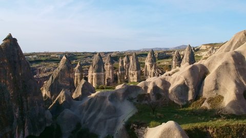 aerial view of fungous forms of sandstone in Cappadocia ,Drone footage over volcanic hills at Cappadocia Turkey