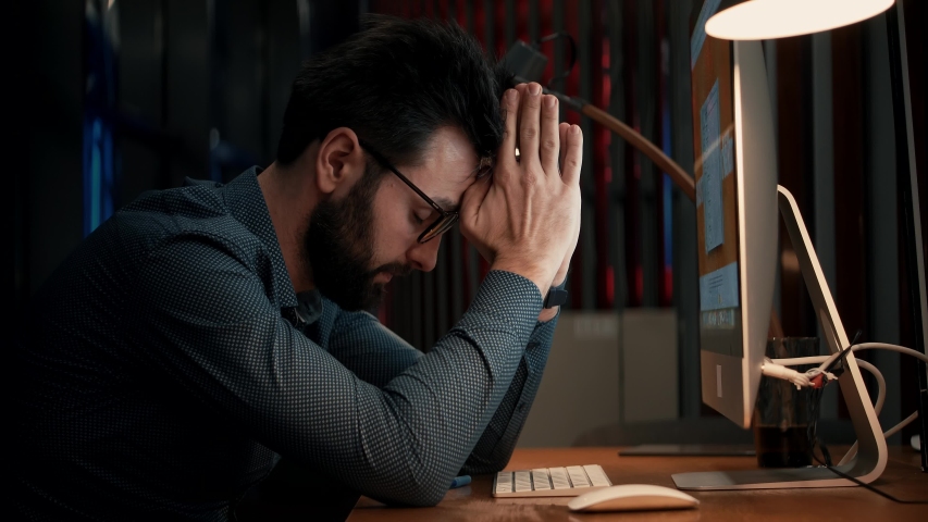 Tired Worker Overworked On Computer.Unhappy Frustrated Businessman.Office Work Overtime. Workaholic Business Finance Deadline.Sad Tired Businessman In Office.Annoyed Overwhelmed Exhausted Stressed Man | Shutterstock HD Video #1046661682