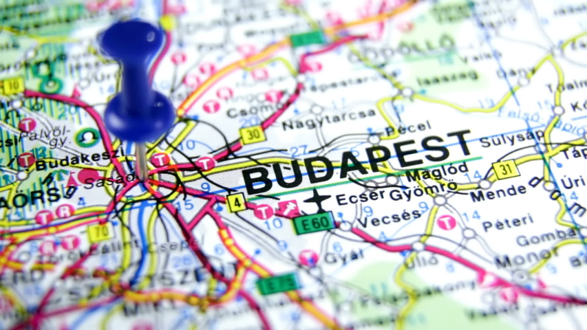 Budapest pinned on a map of Hungary. Budapest, a close up shot of capital of Czech republic on map. Push pin pointing at Budapest, Hungary. Travel and tourism concept
